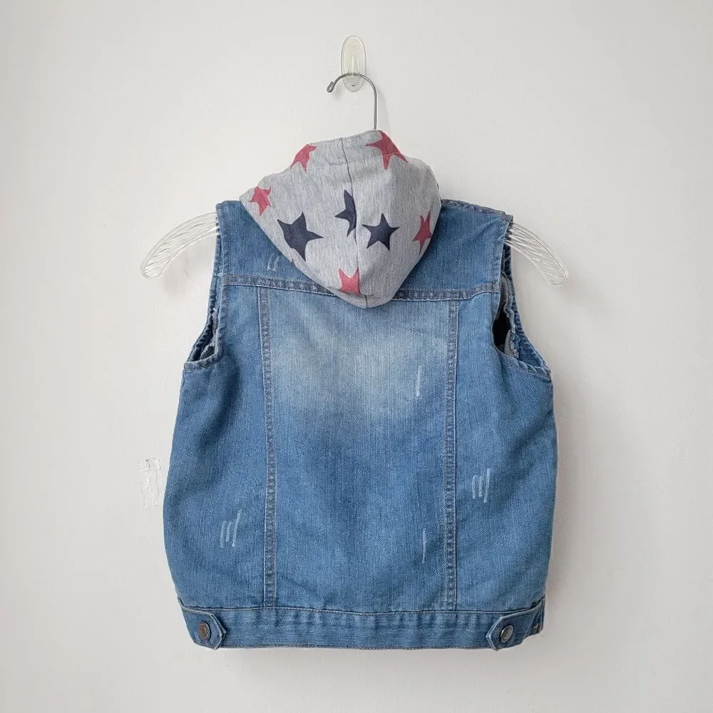 Boys or Girls Denim with Cotton Lined Front Open Buttons Hooded Vest Size 5-6